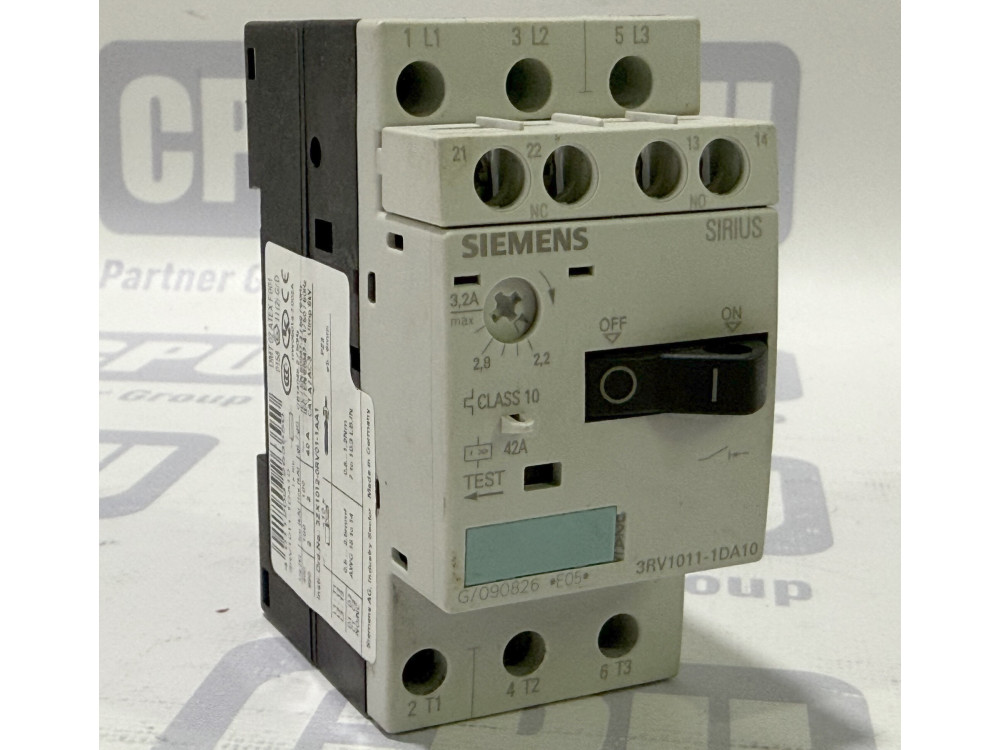 Автоматичний вимикач Siemens SIRIUS 3RV1011-1DA10, 2.2-3.2A, захист двигуна з додатковим контактом 1NO+1NC 3RV1011-1DA10 | Siemens - Зображення 1